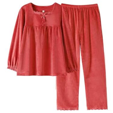 Imagem de LUBOSE Conjunto de pijama feminino, pijama feminino de lã, confortável, quente, macio, feminino, conjunto de pijamas térmicos, feminino, macio, vermelho, GG, vermelho, E