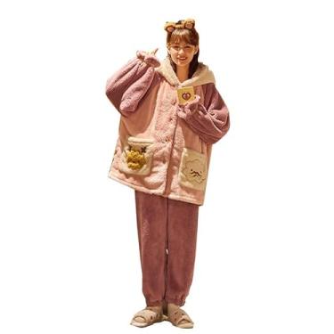 Imagem de LUBOSE Pijama de flanela com capuz, cardigã de flanela com bolsos, pijama quente e confortável para usar em casa, conjunto de pijama (P, roxo)