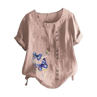 Imagem de Camiseta feminina de linho, borboleta, estampada, gola redonda, botão, manga curta, caimento solto, túnica, camisa de verão, rosa, P