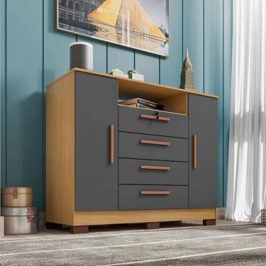 Imagem de Cômoda Rack 2 Portas e 4 Gavetas Floripa Carvalho Americano/Grafite