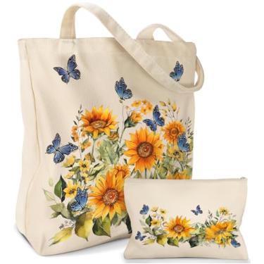 Imagem de Miss Adola Sacola de lona estética pacote com 2 - com bolsa de maquiagem para mulheres, bolsa de compras reutilizável para academia, viagens, trabalho, Borboleta Girassol, One Size