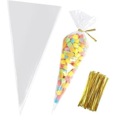 Imagem de Lienyeang Sacos transparentes de cone doce de 13 x 25 cm, sacos de plástico para pipoca, sacos de celofane transparentes e laços torcidos para assar, doces e biscoitos (100 peças)