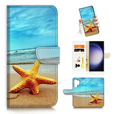 Imagem de Para Samsung S24 Ultra, para Samsung Galaxy S24 Ultra, capa carteira flip projetada para celular, A0021 praia estrela-do-mar céu azul 0021