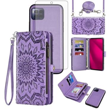 Imagem de Asuwish Capa para celular T-Mobile Revvl 7 Pro 5G com zíper carteira celular com alça protetora de tela de vidro temperado Mandala Flower Flip porta-cartões Tmobile T Mobile Revel Tmo Revell Rebel