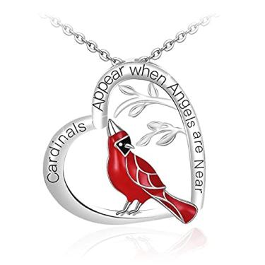 Imagem de Yifnny Colar cardeal, colar com pingente de cardeal vermelho Cardinals Appear When Angels are Near, colar de pássaro vermelho, coração cardeal, joia comemorativa para mulheres, base banhada a prata