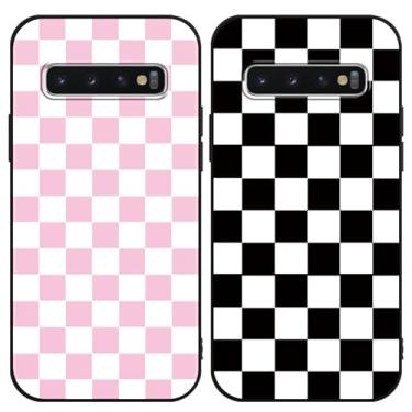 Imagem de Yomjew Pacote com 2 capas de telefone xadrez fofas para Samsung Galaxy S10 4G 6,1 polegadas, capa protetora de silicone macia e fina à prova de choque para meninas e mulheres, preto/rosa