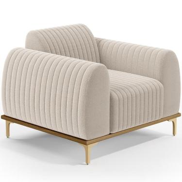Imagem de Poltrona Decorativa Base De Madeira Castanho E Pés Metalizado D`ouro Molino D02 Bouclê Creme B-54 - Lyam Decor