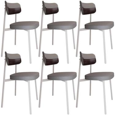 Imagem de Kit 06 Cadeiras Estofada Para Sala De Jantar Astrid Branco C01 Linho Cinza Courino Café - Lyam Decor