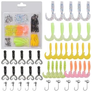 Imagem de Iscas de pesca de plástico macio, iscas de grub, kit de ganchos de cabeça de tipo de peixe, iscas de tubo para pesca em água doce em água salgada (kit de 48 peças)