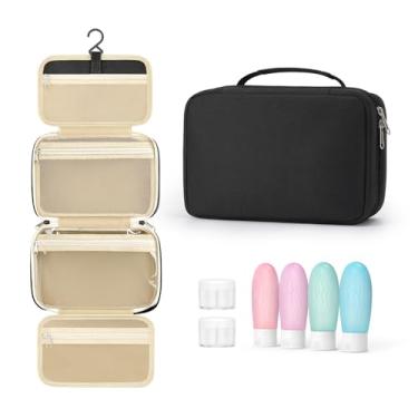 Imagem de YINKECASE Bolsa de higiene para mulheres com conjunto de recipientes de tamanho de viagem, bolsa de higiene para pendurar para produtos de higiene pessoal de tamanho completo, cuidados com a pele