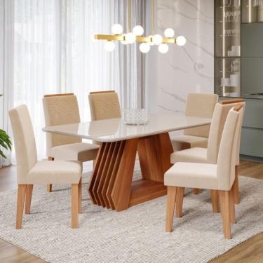 Imagem de Conjunto de Mesa Retangular com Tampo de Vidro Off White Agata e 6 Cadeiras Tais e Maia Suede Bege e Amadeirado