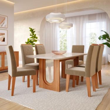 Imagem de Conjunto de Mesa Retangular com Tampo de Vidro Off White Valentina e 6 Cadeiras Tais e Maia Suede Joli e Amadeirado