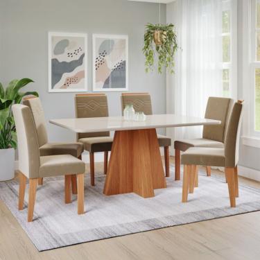 Imagem de Conjunto de Mesa Retangular com Tampo de Vidro Off White Maitê e 6 Cadeiras Tais e Maia Suede Joli e Amadeirado