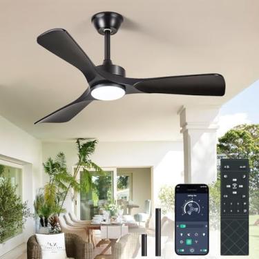 Imagem de BvenuBigLite Ventilador de teto preto com luz: Ventilador de teto de 106 cm 3 lâminas discretas ao ar livre - Ventiladores de teto modernos com controle remoto de aplicativo silencioso e reversível