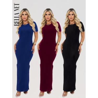Imagem de KIT 3 Vestidos Longos com Fendas Lindo Manguinha e Gola Redonda Canela