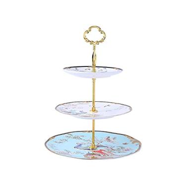 Imagem de Suporte de bolo de 3 camadas com alças de metal, mesa de sobremesa de cerâmica removível para cupcake, bandeja para servir chá da tarde, prato de bolo, doces, cupcake, sobremesas, prateleiras