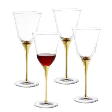 Imagem de Barski Cálice - Taça de vinho tinto - taça de vinho branco - copo de cristal - copo de água - haste dourada brilhante - copos com haste - conjunto de 4 taças - 290 ml feito na Europa