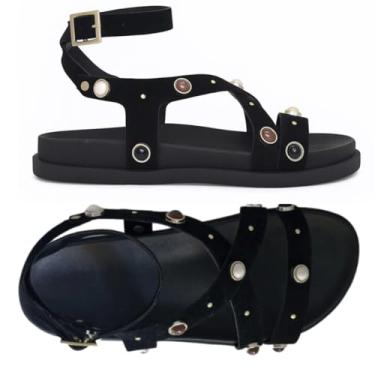 Imagem de Sandália Papete Feminina Gladiadora Suede Napa Tiras Enfeite Meia Esfera Fivela Confortável Moda (Preto, BR, Adulto, Numérico, 36)