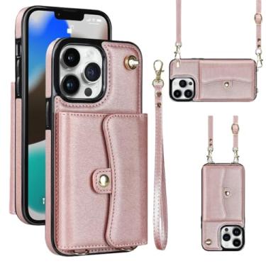 Imagem de Capa de telefone carteira crossbody com cordão para iPhone 15 14 13 12 11 Pro XS Max XR X Plus Capa com suporte para cartão Bolsa de couro, ouro rosa, para iPhone 15Pro Max