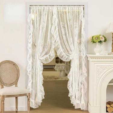 Imagem de UNISTAR Cortinas de porta transparente de renda com haste, cortinas de renda floral vintage de luxo para divisória de sala de estar, bolso para varão, 138 cm L x 203 cm, renda branca (2 painéis +