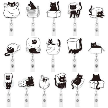 Imagem de CNhoqc Carretéis de crachá de gato preto – 16 peças lindos suportes de crachá de gato estilo preto e branco, clipe de metal acrílico, cordão de nylon retrátil com cordão, presente resistente para
