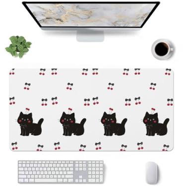 Imagem de Tapete de mesa pequeno com desenho animado de gato cereja, teclado de computador, mouse pad estendido, couro branco macio antiderrapante para desktop/escritório/casa/estudo/decoração/escrita