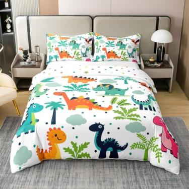 Imagem de Manfei Capa de edredom infantil de algodão puro dinossauro desenho animado tamanho casal, conjunto de cama macio de dinossauros laranja azul, meninos, dinossauros, árvores, jovens, 3 peças (sem