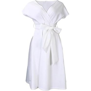 Imagem de Mulheres Sexy Vestidos V Neck Bubble Sleeve Zipper Back Design Com Cinto Vestido De Noite De Festa, White, L