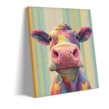 Imagem de Impressão em tela Boho Girafa, Alpaca, cachorro, gato, vaca | Pintura abstrata de animais arco-íris para decoração de berçário de bebê, quarto de meninas | Arte caprichosa para sala de jogos infantil