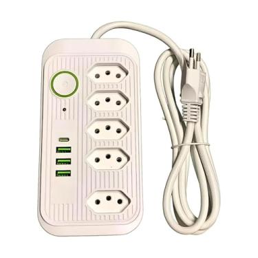 Imagem de Extensão Tomada, Régua Tomada, Régua de Energia, 5 Tomadas, 3 Interfaces USB, 1 Porta USB Tipo-C, Cabo de Alimentação de 2 metros, Suporte a Tensão de 110-220V, Potência de 2500W (Branco)