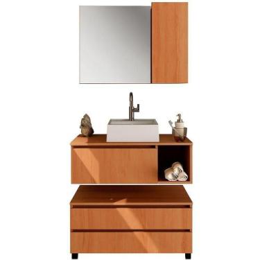 Imagem de Kit Gabinete Balcão E Espelheira De Banheiro Marina Amêndoa - TECNOMÓB