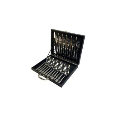 Imagem de Conjunto de Talheres 24 Peças em Aço Inoxidável com Maleta Preta, Acabamento Espelhado, Resistente à Corrosão, 6 Colheres Mesa, 6 Garfos, 6 Facas, 6 Colheres Sobremesa