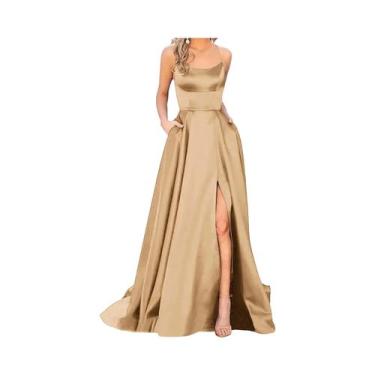 Imagem de Vestido Longo De Madrinha Azul Marinho Com Alças Finas E Fenda Para Mu