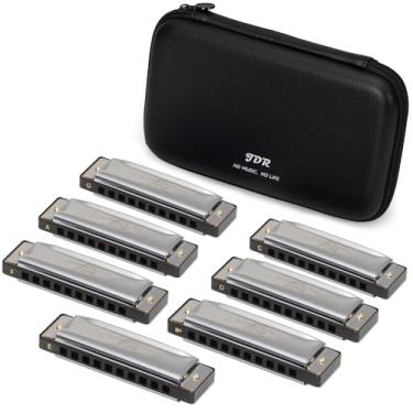 Imagem de JDR Conjunto de 7 chaves de gaita C D E F G A e Bb 10 furos 20 tons de harpa azul boca diatônica gaita com capa protetora de EVA para adultos crianças iniciantes profissionais pop prata