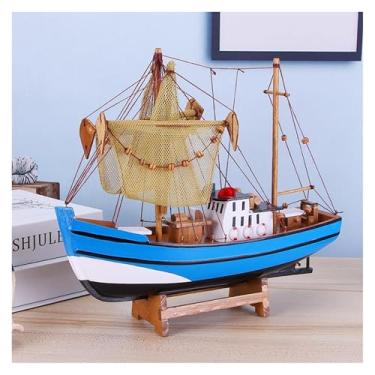 Imagem de shuicui Ornamentos mediterrâneos de madeira à vela para decoração de mesa para casa para modelo de barco de pesca de 30 cm (azul)