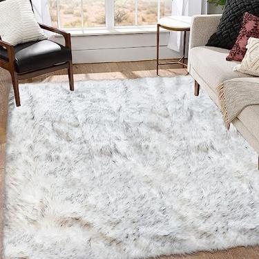 Imagem de Goolela Tapete de pele de carneiro, 15 x 23 cm, macio e felpudo, pele sintética, para sala de estar, quarto, retângulo luxuoso, branco com pontas cinza