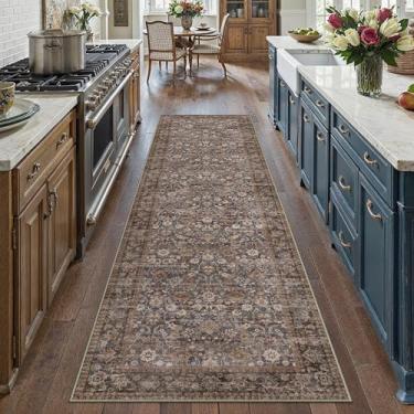 Imagem de HUGEAR Tapete de corredor 5 x 20 cm lavável à máquina tradicional marrom tapete de área de corredor tapete floral de pelo baixo tapetes macios para quarto, sala de estar, escritório, jantar, cozinha