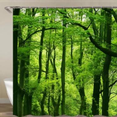 Imagem de Cortinas de chuveiro impressas em 3D com paisagem de árvores verdes para banheiro, tecido de poliéster impermeável, tela de banho, 12 ganchos, cortina de banho 79 x 84 pol. - 200 x 213 cm/LxA