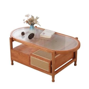 Imagem de Mesa de centro moderna de madeira maciça para pequenas salas de estar, acabamento cerejeira, mesa oval minimalista moderna para casa simples