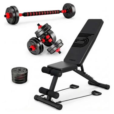 Imagem de Banco Supino Musculação com Kit Halteres Barras Anilhas Regulável Cons