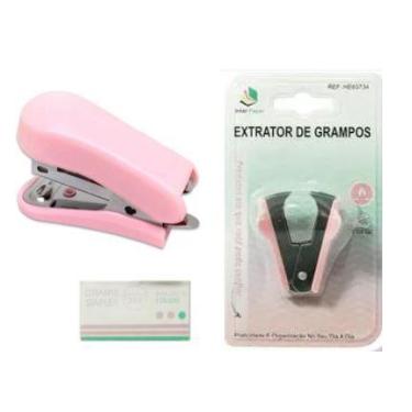 Imagem de Kit com 1 mini grampeador chaveiro com 1 caixa com grampos + extrator 