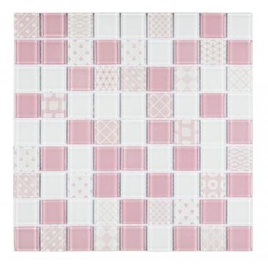 Imagem de Kit 1m² Pastilha de Vidro Patchwork 29cm x 29cm Branco/Rosa Glass Mosa