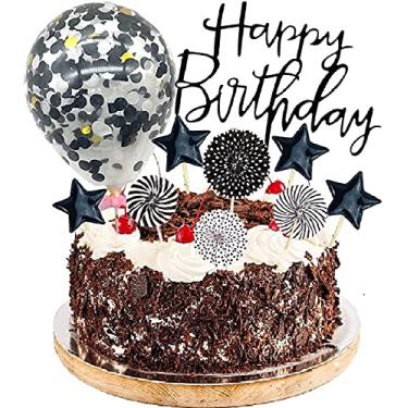 Imagem de Conjunto de topos de bolo de feliz aniversário preto, pacote com 11 unidades, topos de acrílico, balão de confete com estrelas, fãs, cupcake, palitos, decoração de bolos, suprimentos para decoração de festa de papai, homem, meninos