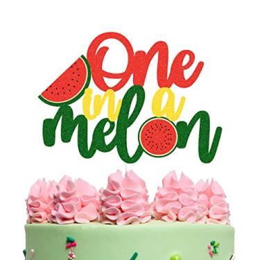 Imagem de Um em um topo de bolo de melão, decorações de bolo de feliz 1º aniversário de melão, topo de bolo de melão doce para chá de bebê, tema de frutas de verão suprimentos de festa de primeiro aniversário