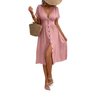 Imagem de Camisa Feminina Solid Button Front A-line Dress (Color : Pink, Size : CH)