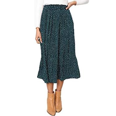 Imagem de EXLURA Saia feminina de cintura alta com bolinhas plissadas midi saia rodada com bolsos, Green, P