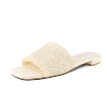 Imagem de Shoe'N Tale Sandálias planas femininas modernas quadradas de bico aberto sem cadarço sandálias de tecido para mulheres elegantes casuais verão 2024 na moda, Raffia-bege, 38