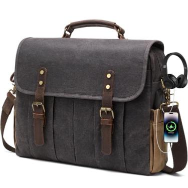Imagem de BOVIP Bolsa mensageiro masculina vintage de 15,6 polegadas de couro legítimo, bolsa de ombro para laptop com USB, porta de fone de ouvido, Cinza escuro, Medium