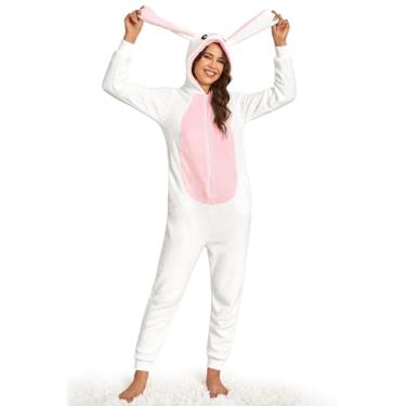 Imagem de Clarisbelle Pijama feminino de pelúcia de Halloween com bolso, macacão de animal adulto, cosplay de flanela, coelho branco, 2GG