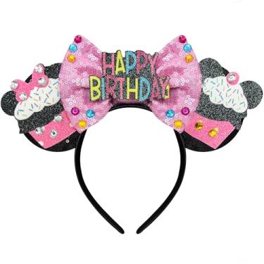 Imagem de Trnerm Faixa de cabeça de orelhas de rato de aniversário para meninas e mulheres Minnie orelhas de aniversário decorações de aniversário lembrancinhas de aniversário laços rosa faixa de cabeça de